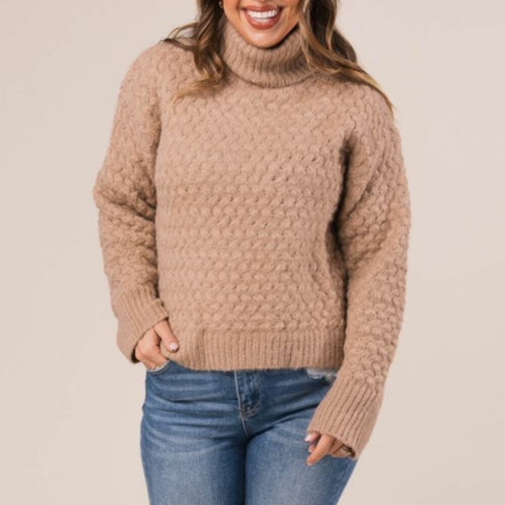 Double Zero Large Basketweave Knit Tan Turtleneck‎ Sweater NWOT
